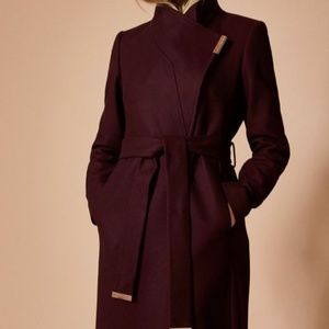 TED BAKER Cashmere-Blend Wrap Front Coat, Size 4 (US) / 1 (UK), Maroon/Eggplant
